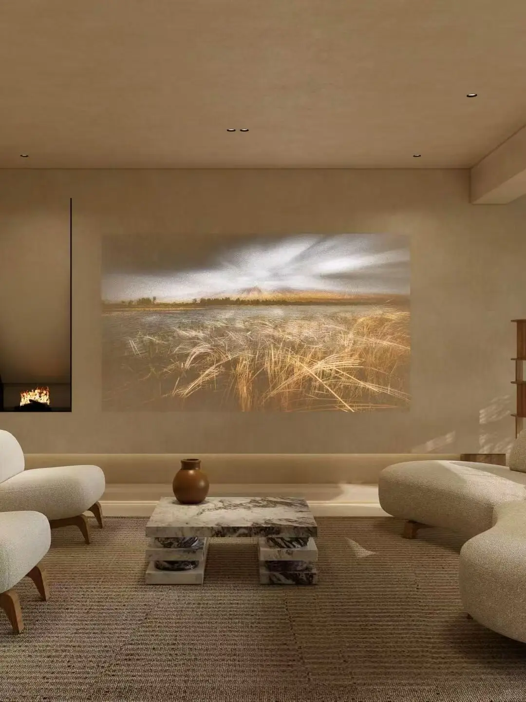 Luxury residence living room with warm grey artistic coating walls.