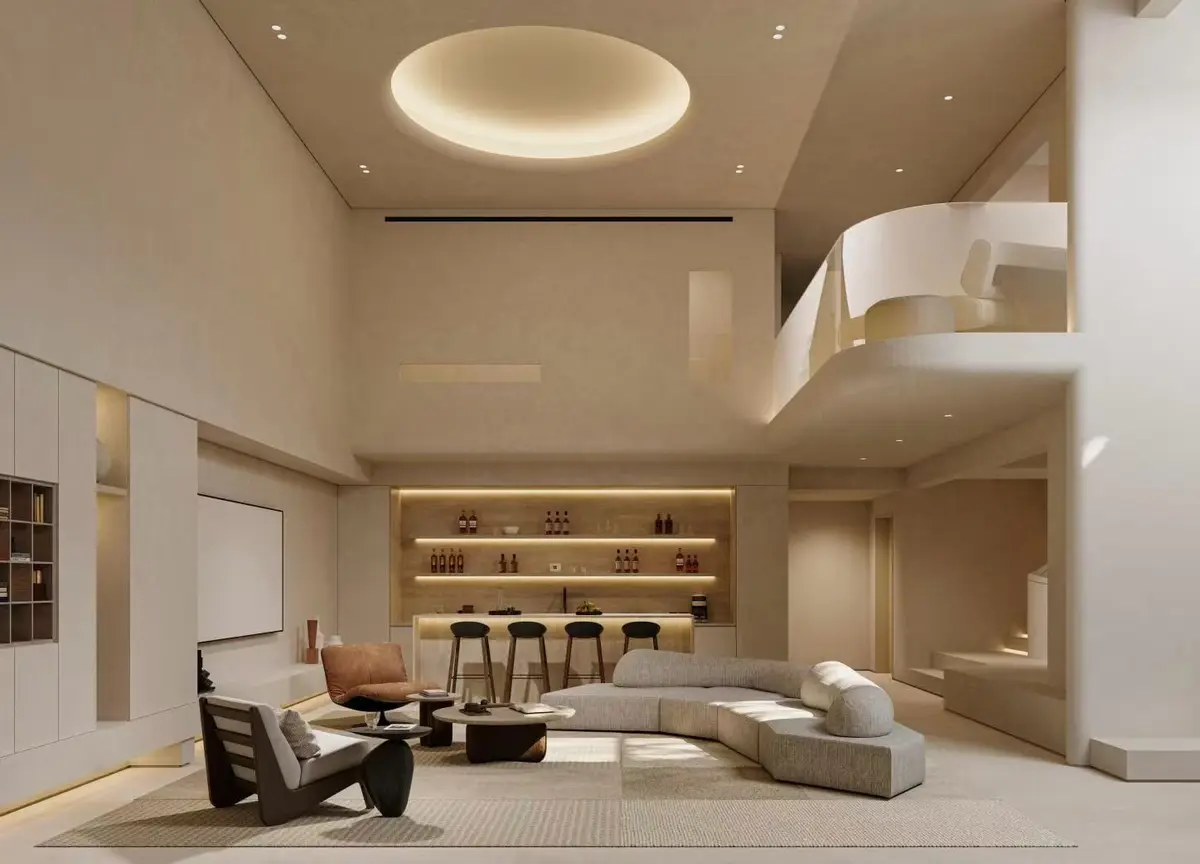Boutique hotel lobby with durable glazed wall finish.